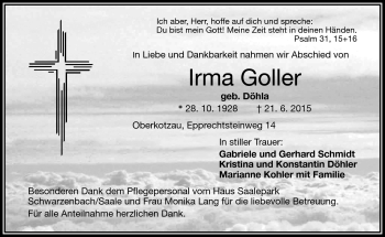 Traueranzeige von Irma Goller von Frankenpost