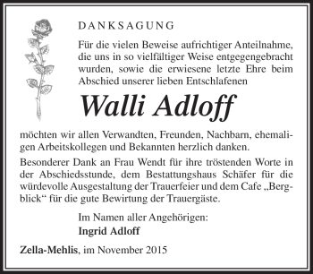 Traueranzeige von Walli Adloff von Südthüringer Presse
