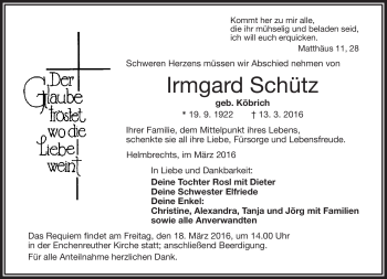 Traueranzeige von Irmgard Schütz von Frankenpost