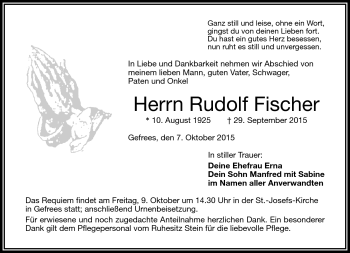 Traueranzeige von Rudolf Fischer von Frankenpost