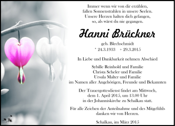 Traueranzeige von Hanni Brückner von Südthüringer Presse
