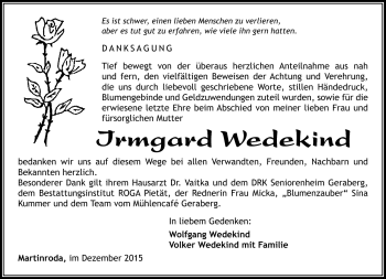 Traueranzeige von Irmgard Wedekind von Südthüringer Presse