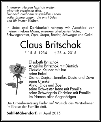 Traueranzeige von Claus Britschok von Südthüringer Presse