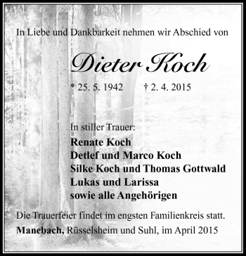 Traueranzeige von Dieter Koch von Südthüringer Presse