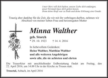 Traueranzeige von Minna Walter von Südthüringer Presse
