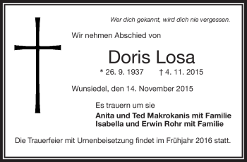 Traueranzeige von Doris Losa von Frankenpost