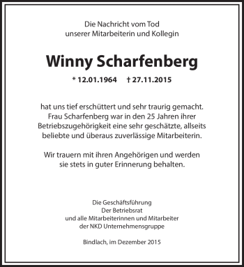 Traueranzeige von Winny Scharfenberg von Südthüringer Presse