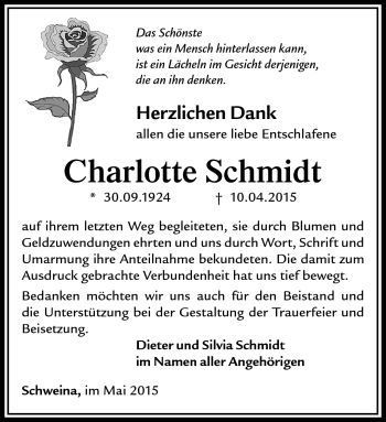 Traueranzeige von Charlotte Schmidt von Südthüringer Presse
