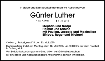 Traueranzeige von Günter Luther von Neue Presse Coburg