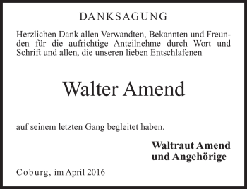 Traueranzeige von Walter Amend von Neue Presse Coburg