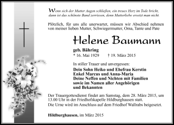 Traueranzeige von Helene Baumann von Südthüringer Presse