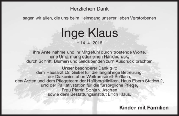 Traueranzeige von Inge Klaus von Neue Presse Coburg