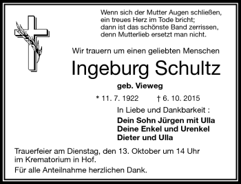 Traueranzeige von Ingeburg Schultz von Frankenpost