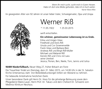 Traueranzeige von Werner Riß von Neue Presse Coburg