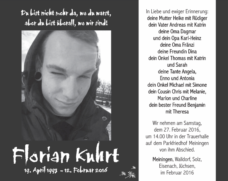  Traueranzeige für Florian Kuhrt vom 20.02.2016 aus Südthüringer Presse