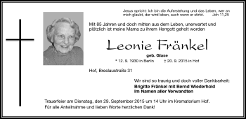 Traueranzeige von Leonie Fränkel von Frankenpost