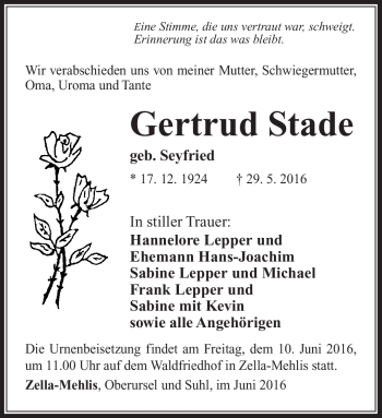 Traueranzeige von Gertrud Stade von Südthüringer Presse