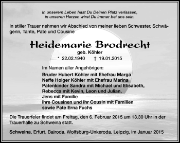 Traueranzeige von Heidemarie Brodrecht von Südthüringer Presse