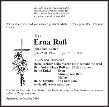 Traueranzeige von Roß Erna von Südthüringer Presse