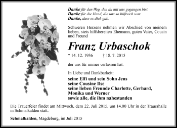 Traueranzeige von Franz Urbaschok von Südthüringer Presse