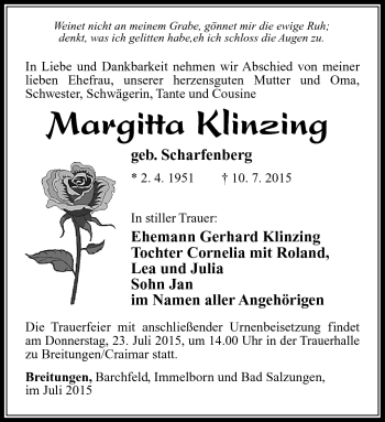 Traueranzeige von Margitta Klinzing von Südthüringer Presse