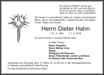 Traueranzeige von Dieter Hahn von Frankenpost