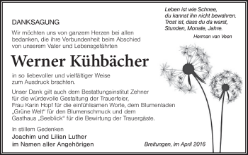 Traueranzeige von Werner Kühbächer von Südthüringer Presse