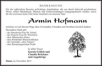 Traueranzeige von Armin Hofmann von Südthüringer Presse