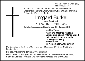 Traueranzeige von Irmgard Burkel von Frankenpost