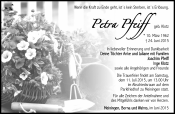 Traueranzeige von Petra Pfeiff von Südthüringer Presse