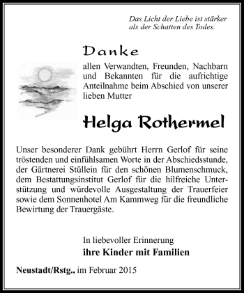 Traueranzeige von Helga Rothermel von Südthüringer Presse