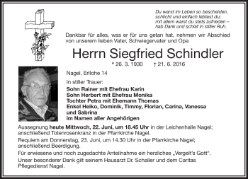 Traueranzeige von Siegfried Schindler von Frankenpost