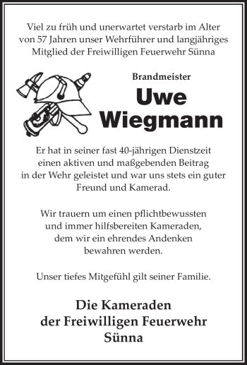 Traueranzeige von Uwe Wiegmann von Südthüringer Presse