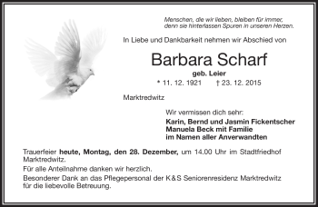 Traueranzeige von Barbara Scharf von Frankenpost