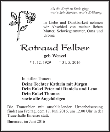 Traueranzeige von Rotraud Feller von Südthüringer Presse
