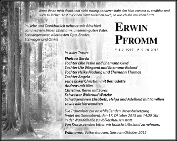 Traueranzeige von Erwin Fromm von Südthüringer Presse