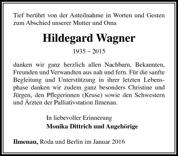 Traueranzeige von Hildegard Wagner von Südthüringer Presse