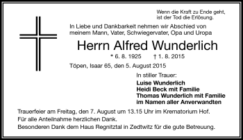 Traueranzeige von Alfred Wunderlich von Frankenpost