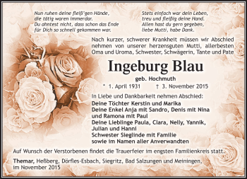 Traueranzeige von Ingeburg Blau von Südthüringer Presse
