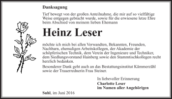 Traueranzeige von Heinz Leser von Südthüringer Presse