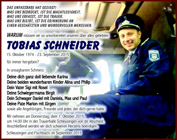 Traueranzeige von Tobias Schneider von Südthüringer Presse