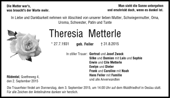 Traueranzeige von Theresia Metterle von Neue Presse Coburg