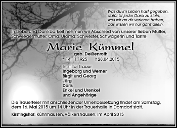 Traueranzeige von Marie Kümmel von Südthüringer Presse