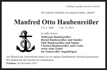 Traueranzeige von Otto Haubenreißer von Südthüringer Presse