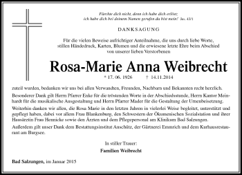 Traueranzeige von Rosa-Marie Anna Weibrecht von Südthüringer Presse