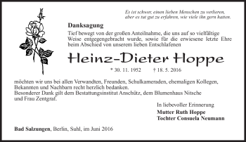 Traueranzeige von Heinz-Dieter Hoppe von Südthüringer Presse