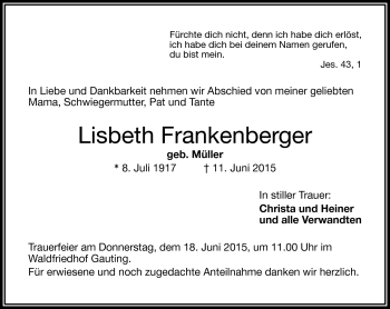 Traueranzeige von Liesbeth Frankenberger von Frankenpost