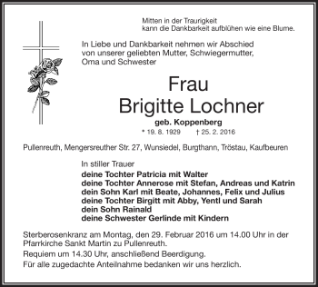 Traueranzeige von Brigitte Lochner von Frankenpost
