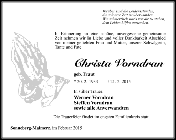 Traueranzeige von Christa Vorndran von Südthüringer Presse