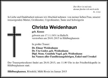 Traueranzeige von Christa Weidenhaun von Südthüringer Presse
